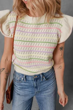 Fashion Dear-Lover Colorful Striped Eyelet Knit Ruffled Sleeve Sweater T Shirt Oatmeal