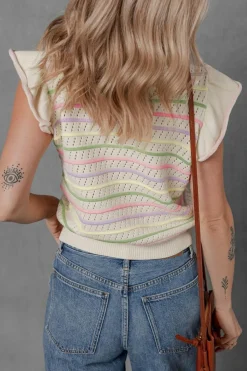 Fashion Dear-Lover Colorful Striped Eyelet Knit Ruffled Sleeve Sweater T Shirt Oatmeal