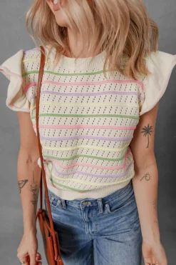 Fashion Dear-Lover Colorful Striped Eyelet Knit Ruffled Sleeve Sweater T Shirt Oatmeal