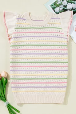 Fashion Dear-Lover Colorful Striped Eyelet Knit Ruffled Sleeve Sweater T Shirt Oatmeal