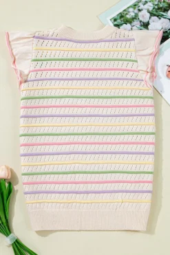 Fashion Dear-Lover Colorful Striped Eyelet Knit Ruffled Sleeve Sweater T Shirt Oatmeal