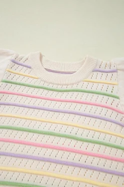 Fashion Dear-Lover Colorful Striped Eyelet Knit Ruffled Sleeve Sweater T Shirt Oatmeal
