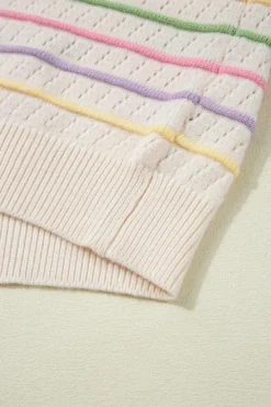 Fashion Dear-Lover Colorful Striped Eyelet Knit Ruffled Sleeve Sweater T Shirt Oatmeal