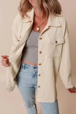 Online Dear-Lover Corduroy Flap Pocket Button Up Shacket Oatmeal