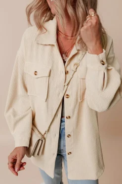 Online Dear-Lover Corduroy Flap Pocket Button Up Shacket Oatmeal