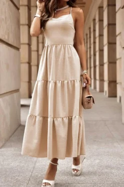 Online Dear-Lover Crossover Backless Bodice Tiered Maxi Dress Oatmeal