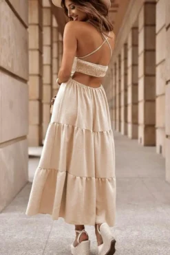 Online Dear-Lover Crossover Backless Bodice Tiered Maxi Dress Oatmeal