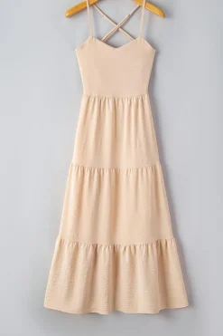 Online Dear-Lover Crossover Backless Bodice Tiered Maxi Dress Oatmeal
