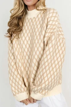 Hot Dear-Lover Diamond Knit Drop Shoulder Loose Sweater Oatmeal