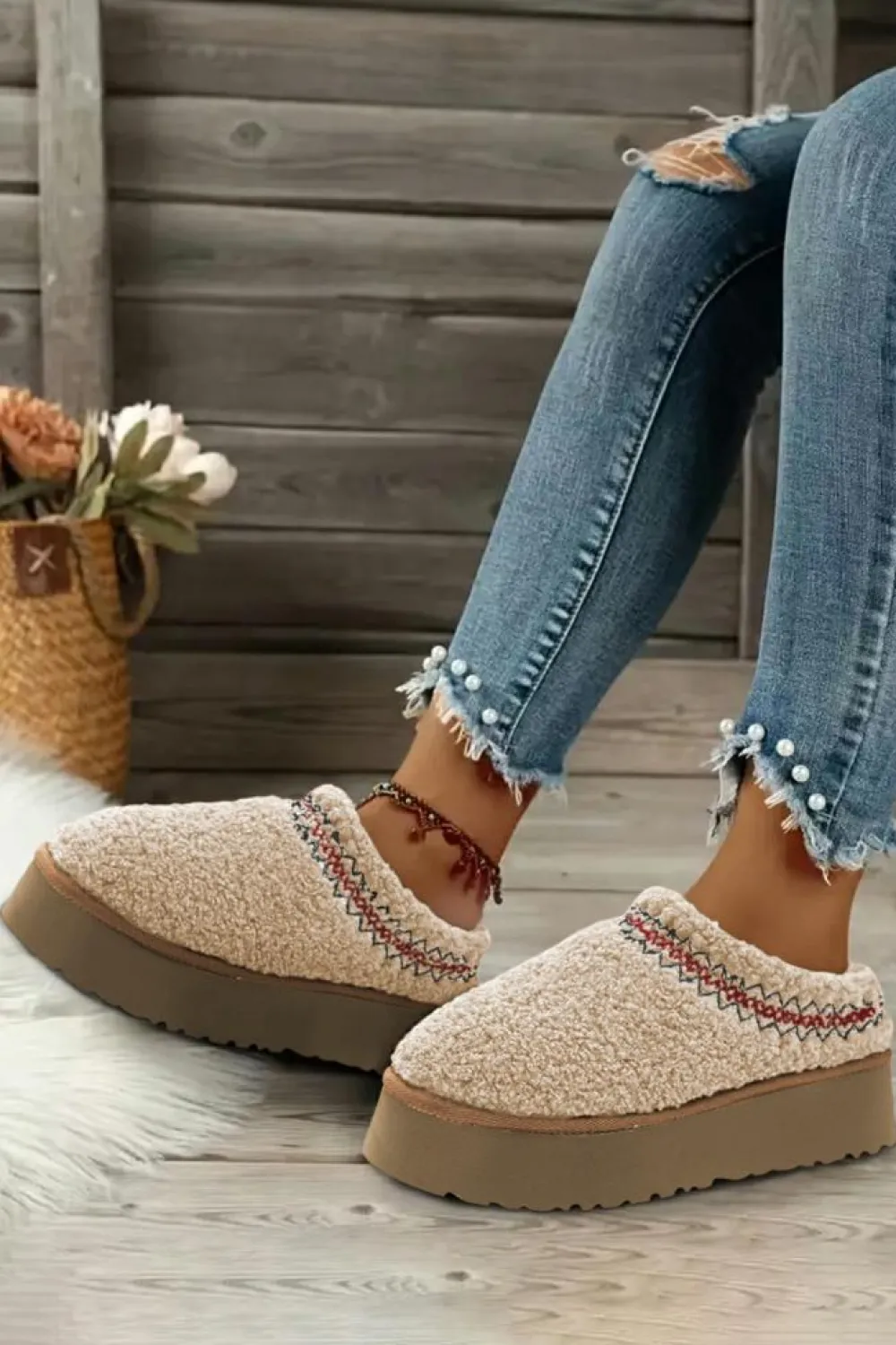 Sale Dear-Lover Embroidered Sherpa Plush Thick Sole Snow Boots Oatmeal