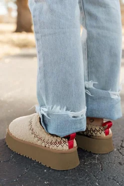 Sale Dear-Lover Embroidered Sherpa Plush Thick Sole Snow Boots Oatmeal