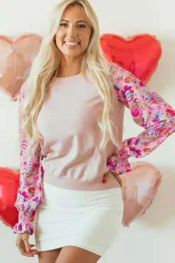 Best Dear-Lover Floral Printed Patchwork Smocked Lantern Sleeve Knit Top Oatmeal