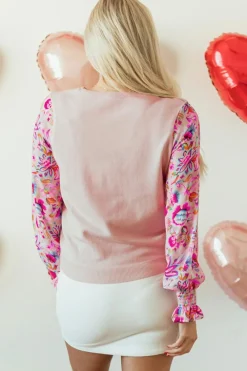 Best Dear-Lover Floral Printed Patchwork Smocked Lantern Sleeve Knit Top Oatmeal