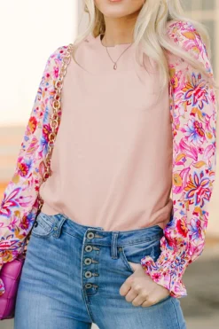 Best Dear-Lover Floral Printed Patchwork Smocked Lantern Sleeve Knit Top Oatmeal