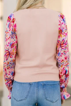 Best Dear-Lover Floral Printed Patchwork Smocked Lantern Sleeve Knit Top Oatmeal