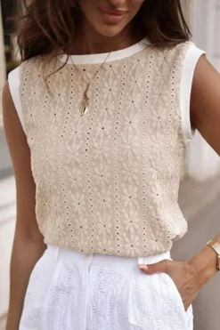 Sale Dear-Lover Floral Textured Crew Neck Tank Top Oatmeal