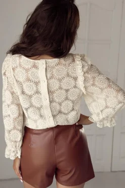 Hot Dear-Lover Flower Jacquard Button Back Ruffled 3/4 Sleeve Blouse Oatmeal