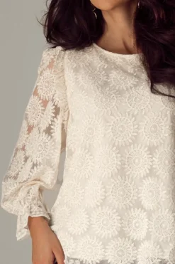 Hot Dear-Lover Flower Jacquard Button Back Ruffled 3/4 Sleeve Blouse Oatmeal