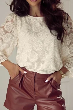 Hot Dear-Lover Flower Jacquard Button Back Ruffled 3/4 Sleeve Blouse Oatmeal