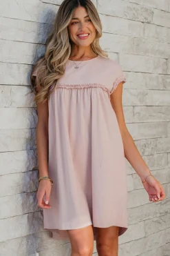 Outlet Dear-Lover Frilled Trim Crew Neck Loose Fit Mini Dress Oatmeal