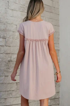 Outlet Dear-Lover Frilled Trim Crew Neck Loose Fit Mini Dress Oatmeal
