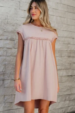 Outlet Dear-Lover Frilled Trim Crew Neck Loose Fit Mini Dress Oatmeal