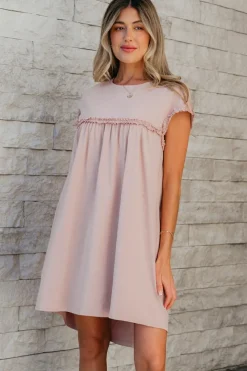 Outlet Dear-Lover Frilled Trim Crew Neck Loose Fit Mini Dress Oatmeal