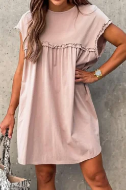 Outlet Dear-Lover Frilled Trim Crew Neck Loose Fit Mini Dress Oatmeal