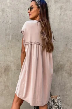 Outlet Dear-Lover Frilled Trim Crew Neck Loose Fit Mini Dress Oatmeal