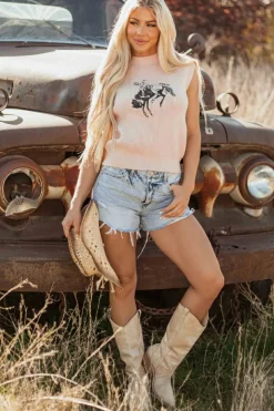 Best Dear-Lover HOWDY Rodeo Cowboy Graphic High Neck Short Sleeve Sweater Oatmeal