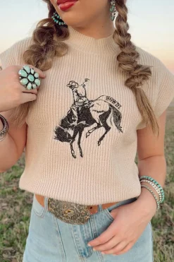 Best Dear-Lover HOWDY Rodeo Cowboy Graphic High Neck Short Sleeve Sweater Oatmeal
