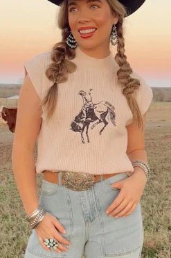 Best Dear-Lover HOWDY Rodeo Cowboy Graphic High Neck Short Sleeve Sweater Oatmeal