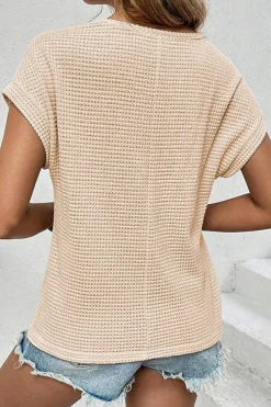 Outlet Dear-Lover Lace Patchwork Waffle Short Sleeve Top Oatmeal