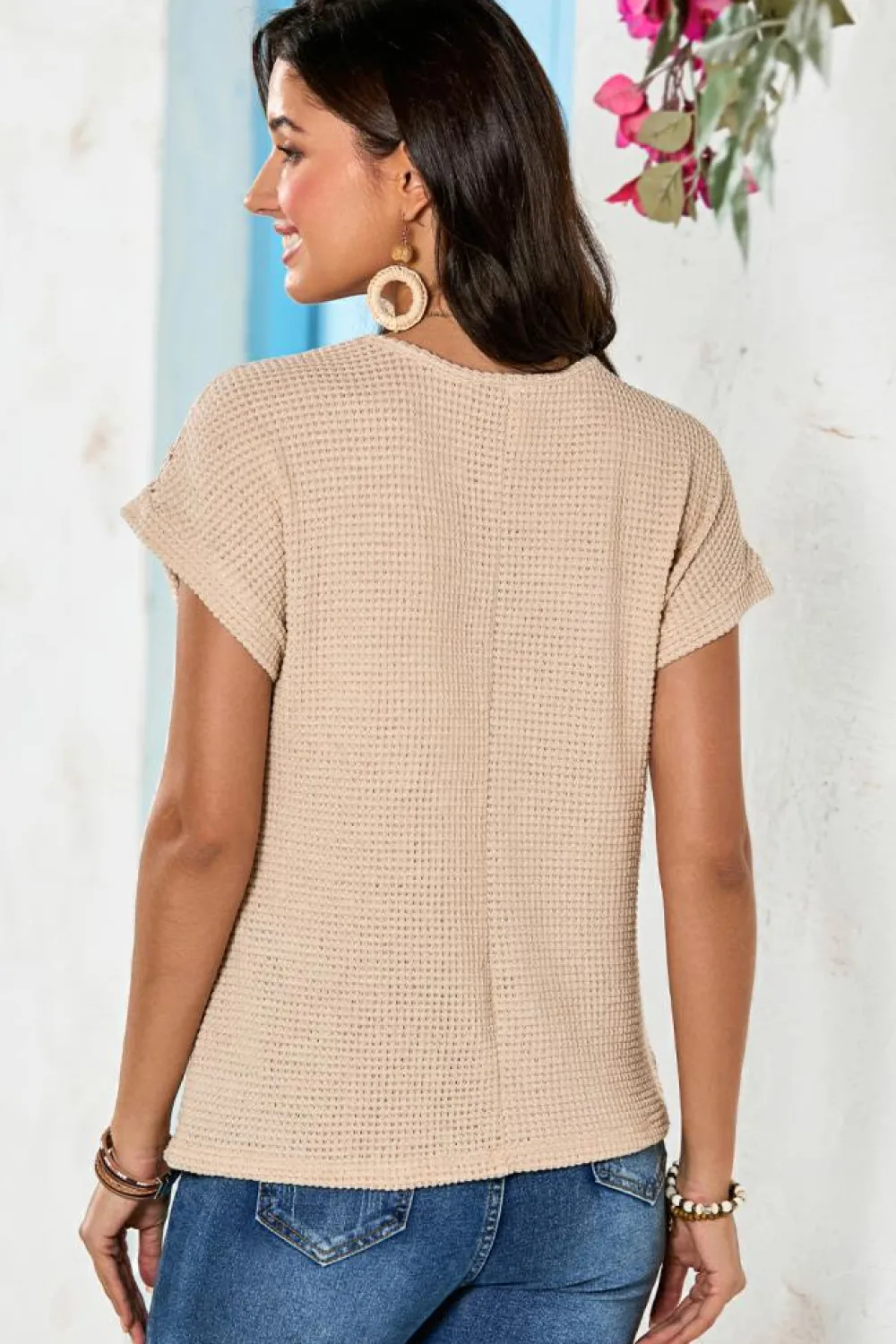 Outlet Dear-Lover Lace Patchwork Waffle Short Sleeve Top Oatmeal