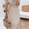 Hot Dear-Lover Lace V Neck Ruffled Sleeve Empire Waist Dress Oatmeal