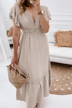 Hot Dear-Lover Lace V Neck Ruffled Sleeve Empire Waist Dress Oatmeal