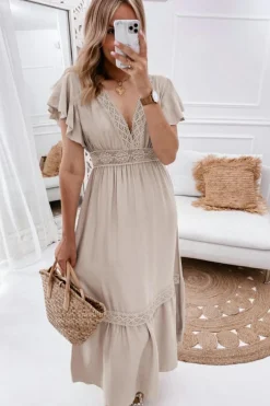 Hot Dear-Lover Lace V Neck Ruffled Sleeve Empire Waist Dress Oatmeal