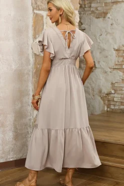 Hot Dear-Lover Lace V Neck Ruffled Sleeve Empire Waist Dress Oatmeal