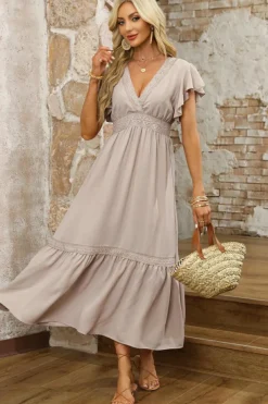 Hot Dear-Lover Lace V Neck Ruffled Sleeve Empire Waist Dress Oatmeal
