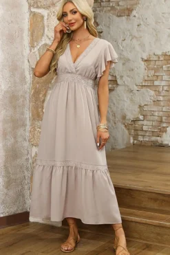 Hot Dear-Lover Lace V Neck Ruffled Sleeve Empire Waist Dress Oatmeal