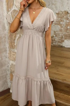 Hot Dear-Lover Lace V Neck Ruffled Sleeve Empire Waist Dress Oatmeal