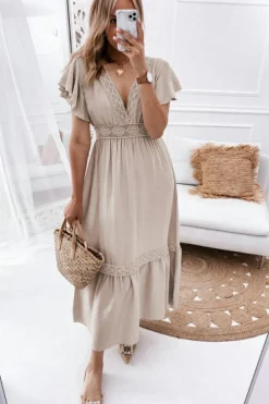 Hot Dear-Lover Lace V Neck Ruffled Sleeve Empire Waist Dress Oatmeal