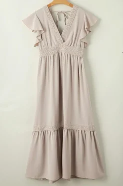 Hot Dear-Lover Lace V Neck Ruffled Sleeve Empire Waist Dress Oatmeal