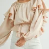 Discount Dear-Lover Lace-up Keyhole Back Ruffled Peplum Blouse Oatmeal