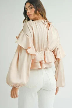 Discount Dear-Lover Lace-up Keyhole Back Ruffled Peplum Blouse Oatmeal