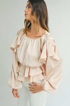 Discount Dear-Lover Lace-up Keyhole Back Ruffled Peplum Blouse Oatmeal