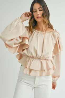 Discount Dear-Lover Lace-up Keyhole Back Ruffled Peplum Blouse Oatmeal