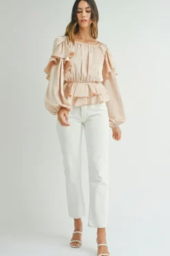 Discount Dear-Lover Lace-up Keyhole Back Ruffled Peplum Blouse Oatmeal