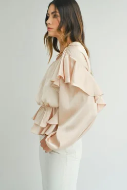 Discount Dear-Lover Lace-up Keyhole Back Ruffled Peplum Blouse Oatmeal