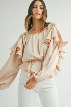 Discount Dear-Lover Lace-up Keyhole Back Ruffled Peplum Blouse Oatmeal